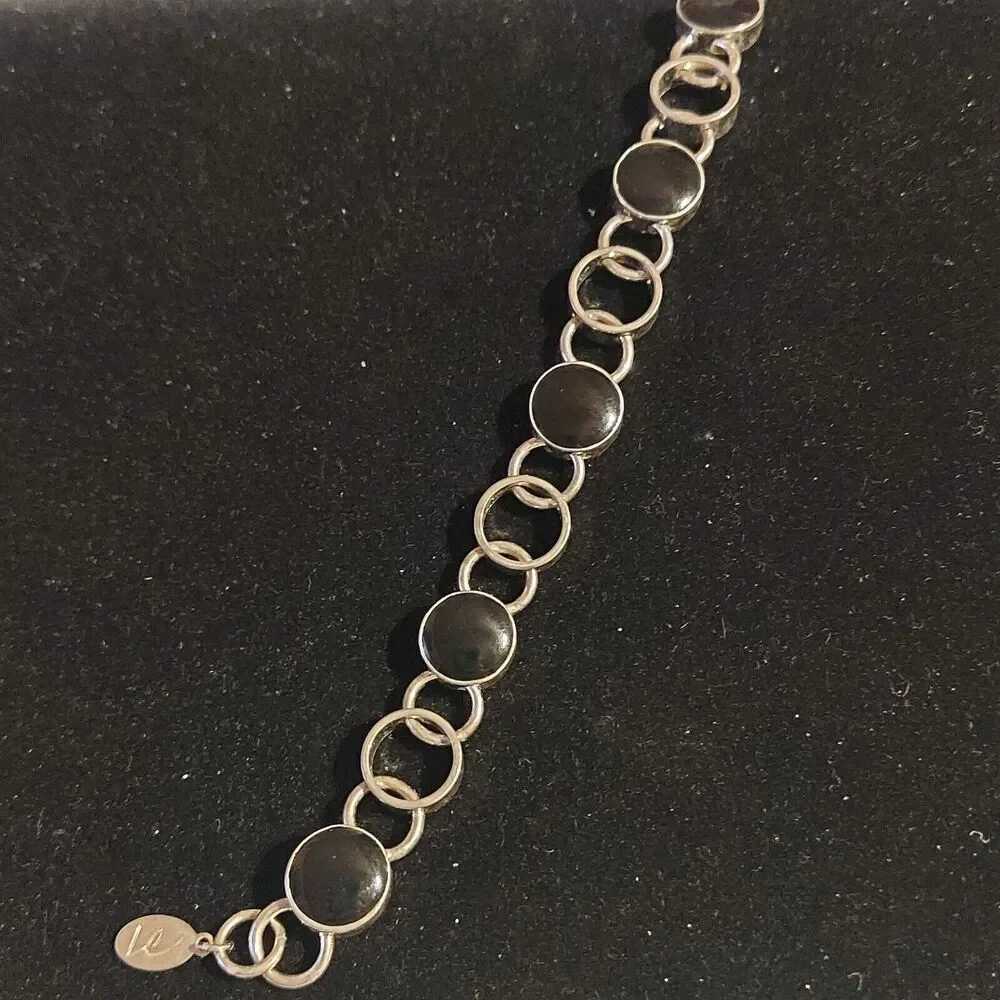 Link Bracelet Black Beads Silvertone Signed Le See Photos